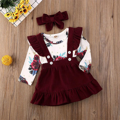 Newborn Baby Girl Clothes Set Floral Bodysuit Romper Jumpsuit Tops T Shirt Suspender Skirts Bow Headband Outfit