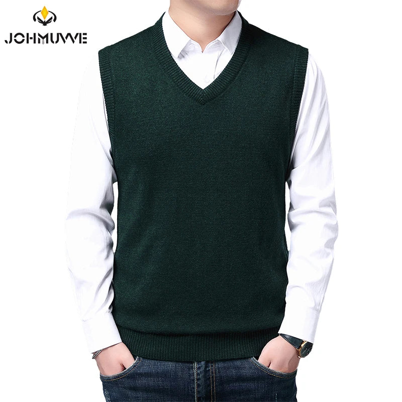 JOHMUVVE  New Men V-neck Vest Trend Retro Solid Color Vest All-match Casual Business Work Woolen Knit Vest Men Autumn