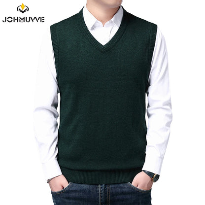 JOHMUVVE  New Men V-neck Vest Trend Retro Solid Color Vest All-match Casual Business Work Woolen Knit Vest Men Autumn