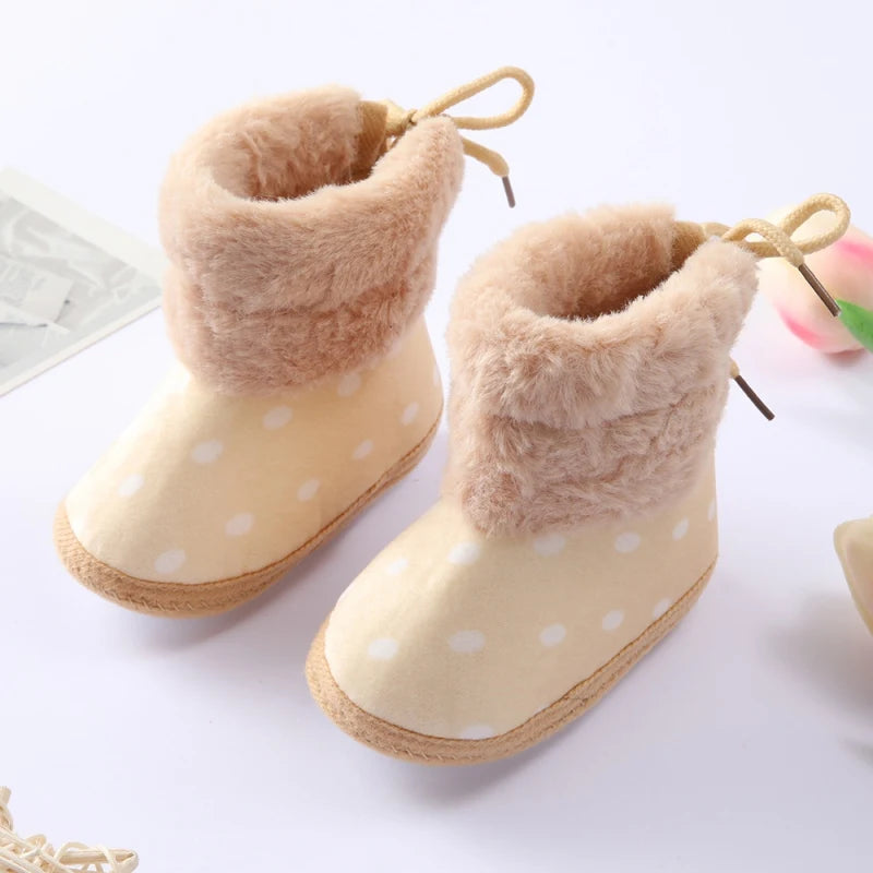 Winter Newborn Baby Girl Boy Polka Dot Cute Cartoon Cotton Shoes Soft Sole Plus Velvet Warm Boots Toddler Infant Walking Shoes