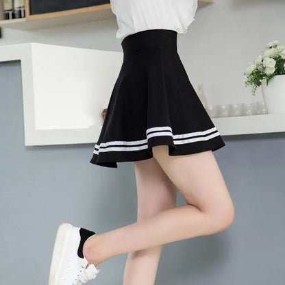 Women Skirt Solid Color Sexy High Waist Stripe Midi Pleated Skirts Girls Black White A Line Mini School Skirt Uniform Large Size