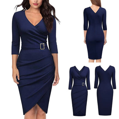 Formal Dress Women Summer Solid Color 3/4 Sleeve Elegant Dress High Waist Belted Irregular Pencil Dress Red