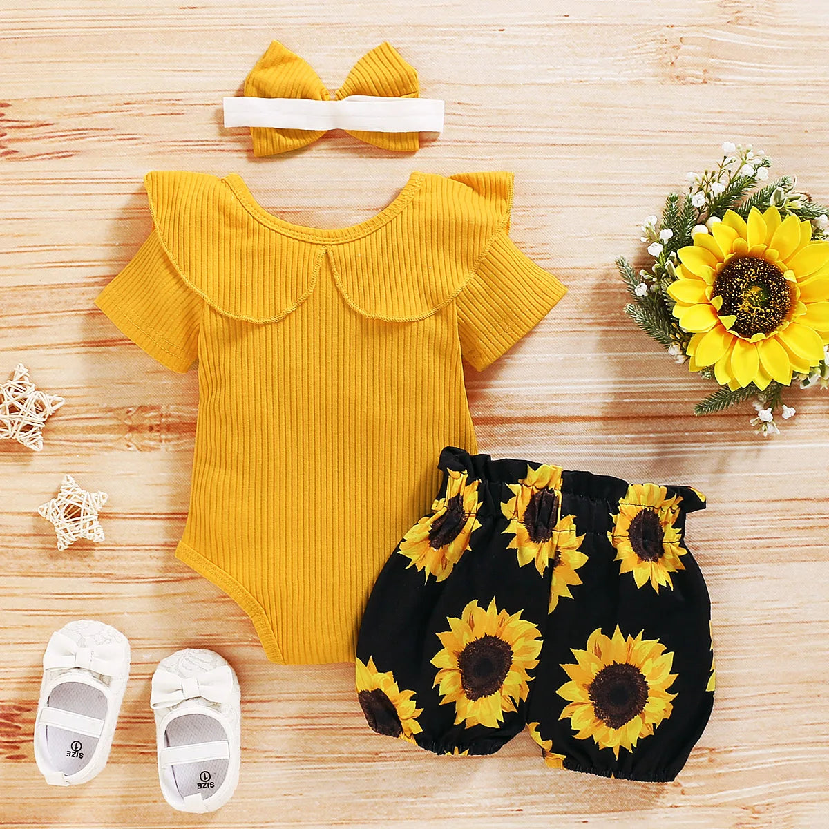 Baby Summer Clothing Girl Floral Clothes Kids Short Sleeve Romper Newborn Jumpsuit+ Girls Sunflower Tutu Shorts 3Pcs Outfits Set