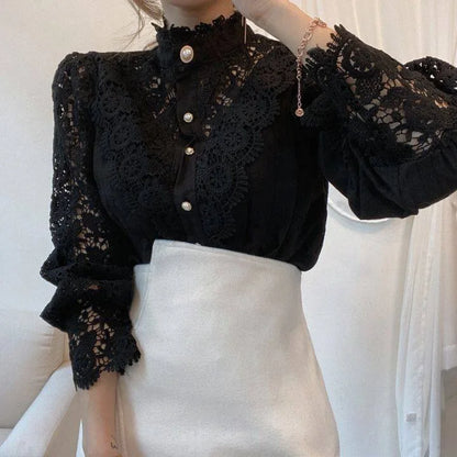 Women Chiffon Button Turtleneck Shirt Chic Elegant Floral Lace Fluffy Long Sleeve Top Fashion Hollow Oversize White Blouse 2025