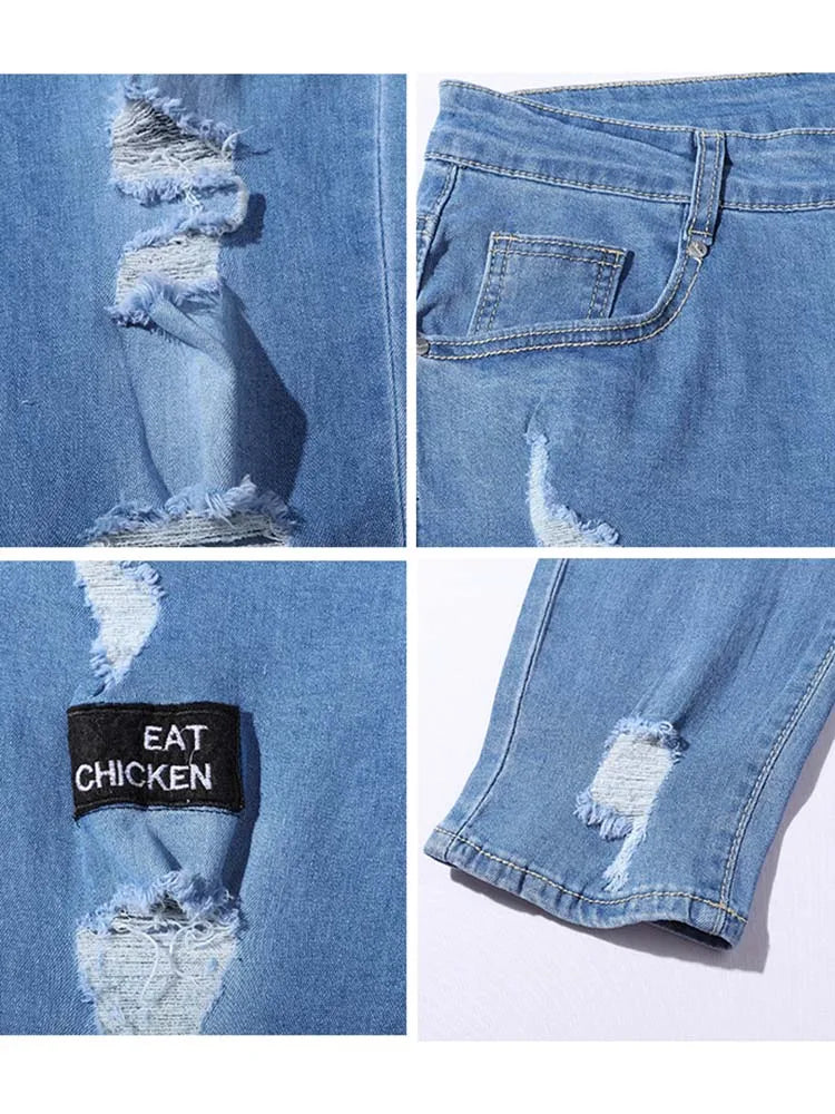 Men's Stretchy Ripped Skinny Embroidered Jeans Men's White Pants Destroyed Hole Slim Fit Denim High Quality Hip Hop Men trousers