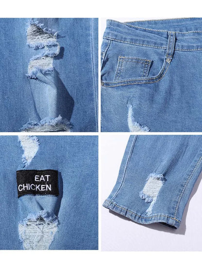 Men's Stretchy Ripped Skinny Embroidered Jeans Men's White Pants Destroyed Hole Slim Fit Denim High Quality Hip Hop Men trousers