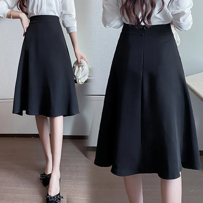 Women Skirts High Waist Knee-length A-line Black Skirt Casual All-match Elegant Ladies Gentle Ulzzang Trendy Solid Streetwear OL