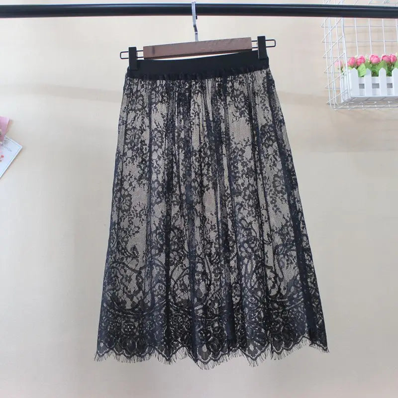 Hot Summer Women Lace Skirts  Fashion Solid Casual Mesh Tulle Skirt Hollow Out Short Pencil Elegant Elastic Black White Skirt