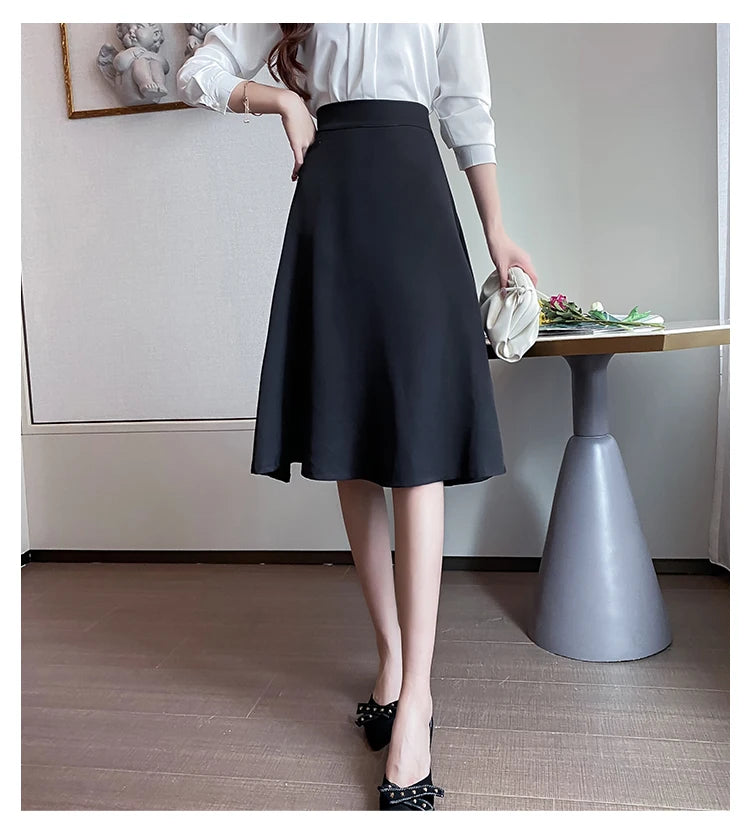 Women Skirts High Waist Knee-length A-line Black Skirt Casual All-match Elegant Ladies Gentle Ulzzang Trendy Solid Streetwear OL
