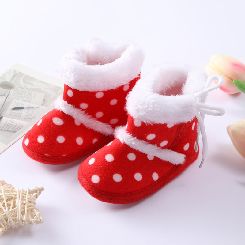 Winter Newborn Baby Girl Boy Polka Dot Cute Cartoon Cotton Shoes Soft Sole Plus Velvet Warm Boots Toddler Infant Walking Shoes