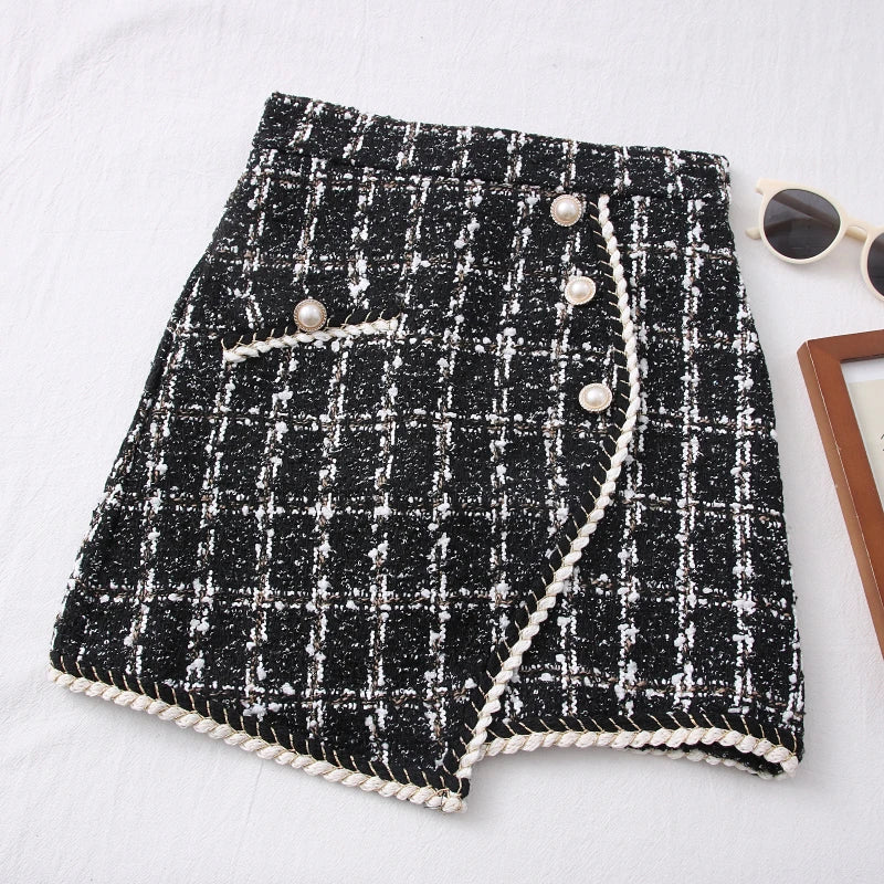 Tweed Skirts for Women Solid High Waist Slimming Skirts Autumn Spring 2025 Buttons Double Breasted Tweed Wool Mini Skirt
