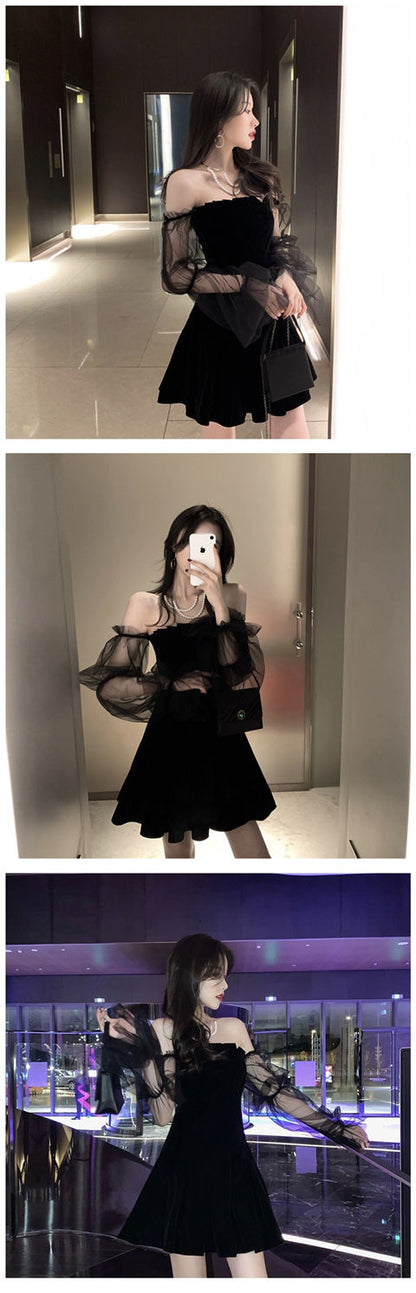 New 2025 Black Retro Dress Women Lace Chiffon Mini Dress Female High Street Sexy Korean Fashion Dress Women Club Dress