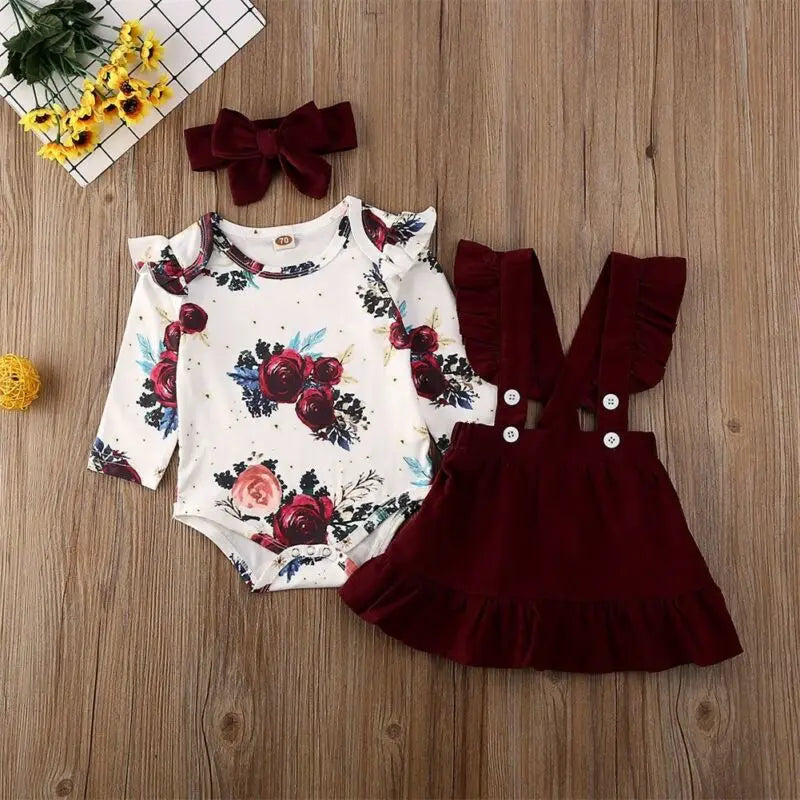 Newborn Baby Girl Clothes Set Floral Bodysuit Romper Jumpsuit Tops T Shirt Suspender Skirts Bow Headband Outfit