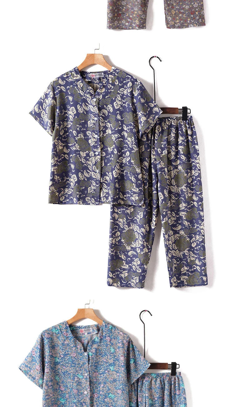 Novelty Sleepwear Women Pajamas Set Night Suit For Mother & Grandma Pajamas Summer Pajama Femme Printing Cardigan Home Clothes