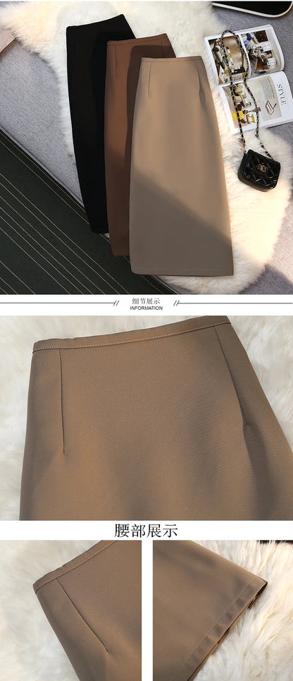 Fashion Elegant Formal Skirts Women Autumn New High Waist Drape Suit Long Brown Skirt Zipper Female