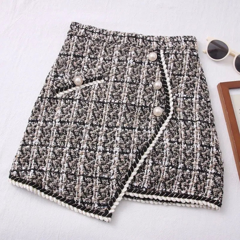 Tweed Skirts for Women Solid High Waist Slimming Skirts Autumn Spring 2025 Buttons Double Breasted Tweed Wool Mini Skirt