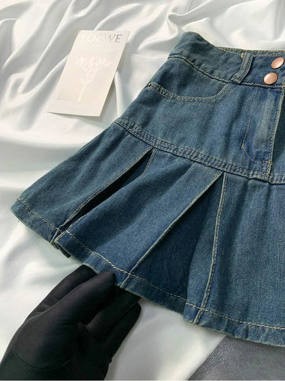 Embroider denim skirt women's clothing spring and summer retro pleated skirt empire look slimmer mini skirt
