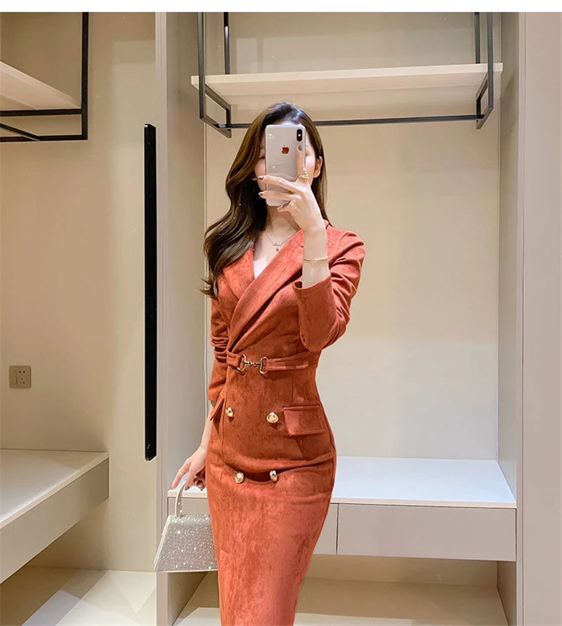 Office Lady Sexy Slim Blazer Dress Women Spring Korean Notched Collar Split Evening Party Dresses Elegant Midi Vestido De Fiest