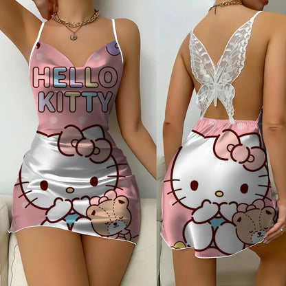 Mini Dress Pajama Skirt Hello Kitty Sexy Dresses Off Shoulder Bow Knot Satin Surface Women's Fashion Summer 2024 Short Party Lace
