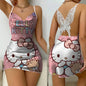 Mini Dress Pajama Skirt Hello Kitty Sexy Dresses Off Shoulder Bow Knot Satin Surface Women's Fashion Summer 2024 Short Party Lace
