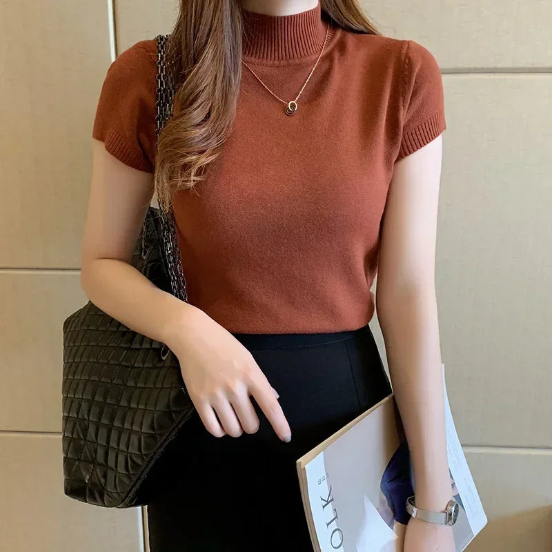 Fashion Woman Blouses 2025 Short Sleeve Summer Tops Blouse Women Turtleneck Knitted Blouse Shirt Women's Tops And Blouses