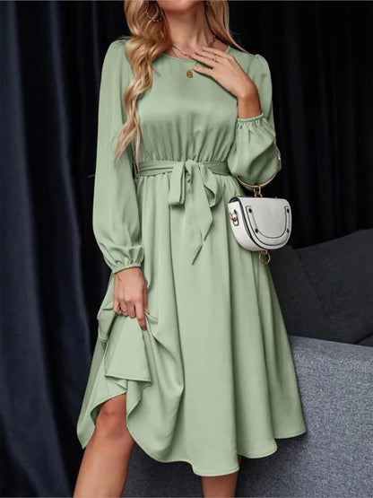 Summer Women's New Fashion Lantern Sleeves Keyhole Back Lace Up Waist Satin Round Neck Long Sleeve Medium Length Dress