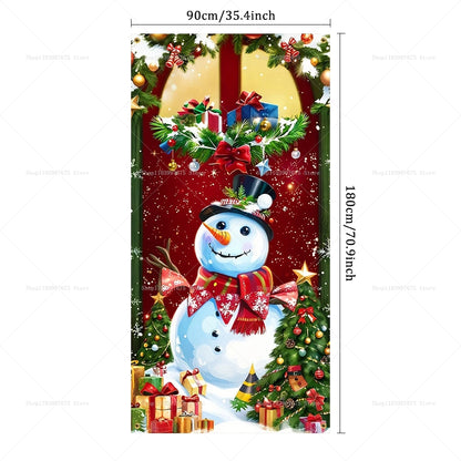 Christmas Decorations Door Cover Banner Cute Snowman Bear Gift Backdrop Xmas Party Indoor Outdoor Background Decor Supplies