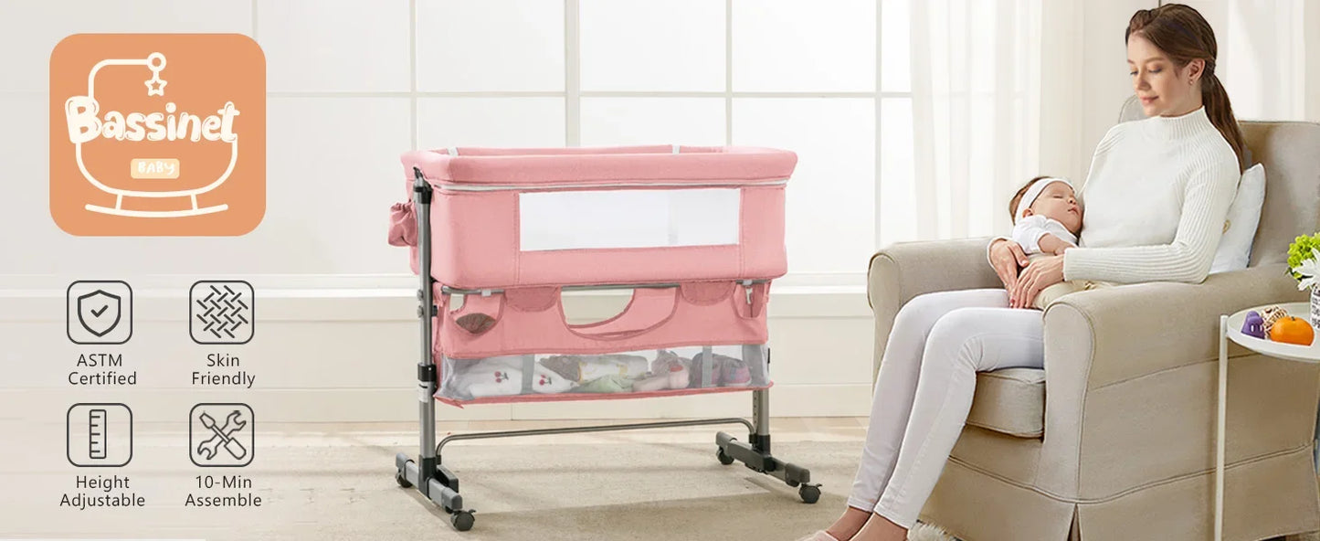 Baby Bassinet, Bedside Sleeper with Wheels, Height Adjustable, for Infant/Baby/Newborn Girls & Boys 0-6 Months, Pink