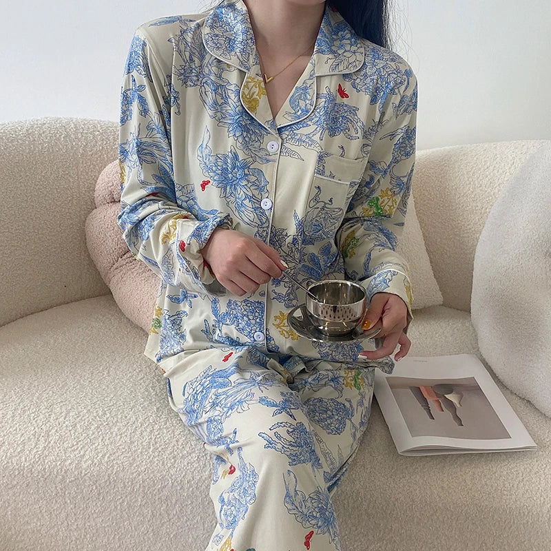2025 Autumn New Ice Silk Women Pajama Lapel Button Cardigan Outfits for Women 2 Piece Set Fashion Printing Set Clothes for Women