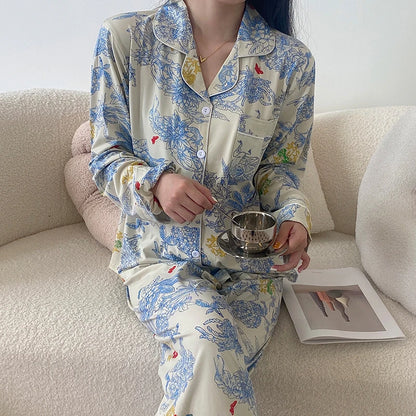 2025 Autumn New Ice Silk Women Pajama Lapel Button Cardigan Outfits for Women 2 Piece Set Fashion Printing Set Clothes for Women
