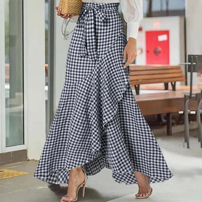 Spring Autumn Women Long Skirt High Waist Lace-up Ruffle Trim Plaid Print Bow Tie Irregular Hem Maxi Skirt Female 2025 New