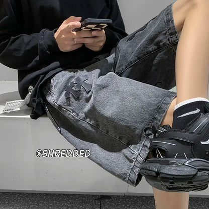 American cross-print denim shorts men's summer thin Hong Kong style loose trousers trendy brand retro casual mid-pants y2k tops