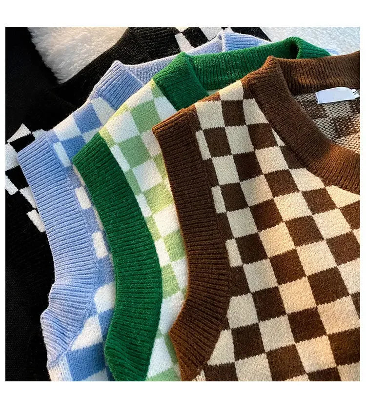 Men's Checkerboard Plaid V-neck Knitted Vest Female Spring Autumn Loose Couple Sweater Coat Sleeveless Vests Casual Tops