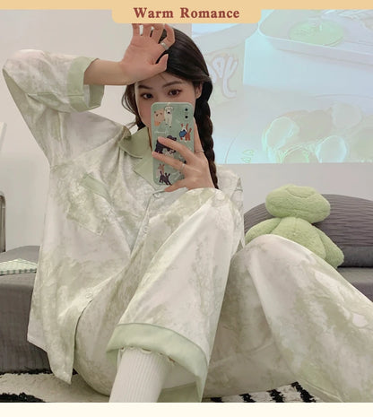 2025 Autumn New Ice Silk Women Pajama Lapel Button Cardigan Outfits for Women 2 Piece Set Fashion Printing Set Clothes for Women