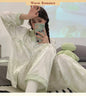 2025 Autumn New Ice Silk Women Pajama Lapel Button Cardigan Outfits for Women 2 Piece Set Fashion Printing Set Clothes for Women