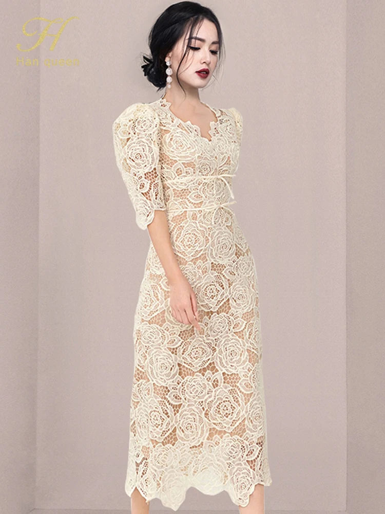 Queen Summer Dresses Korean Retro High Waist Vestidos Elegant Fashion Slim Midi Hollow Out Office Party Casual Lace Dress