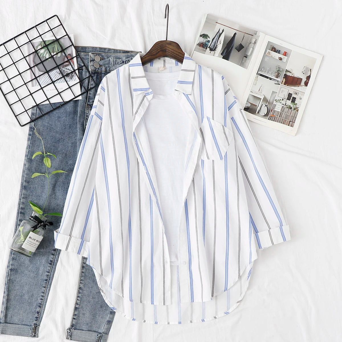 Loose Casual Striped Shirts Women 2025 New Ladies Sweet Simple Style Long Sleeve Print Shirt Female Blouse and Tops Lady Clothes