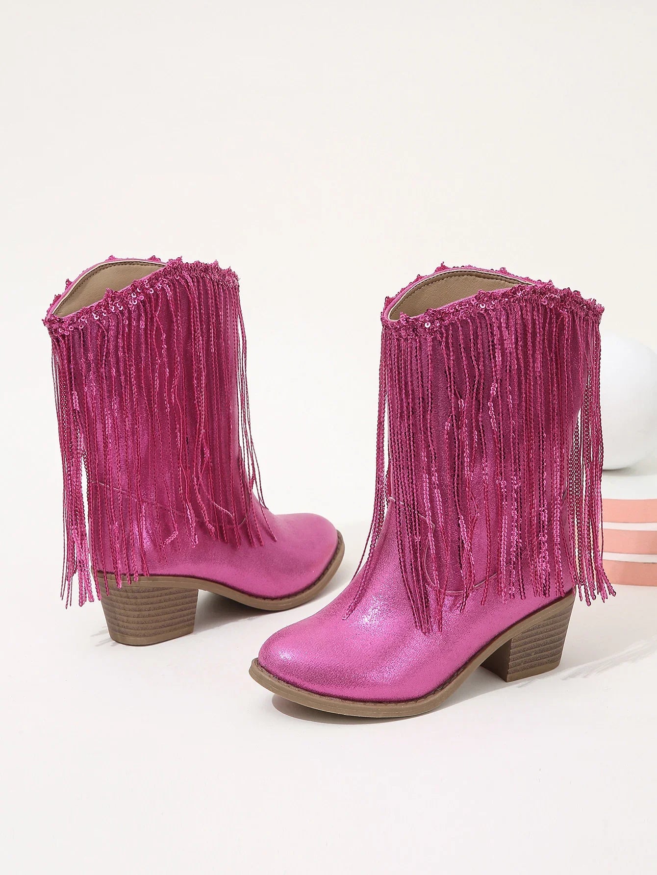 Children Boots Versatile Tassels Pink Elegant 2024 New Performance Girls Boots Low Heels Shiny Solid Color Britain Princess Boot