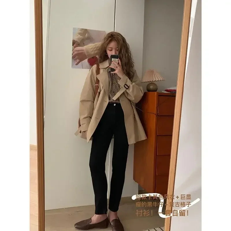 Plaid Shirts Women Retro Turn-down Collar Blouses All-match Straight Hong Kong Style Button Up Elegant Long Sleeve Outwear Femme