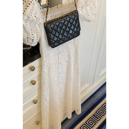 Summer Elegant Korean Chic White Midi Dress Women French Hollow Out Sexy Kawaii Vestidos De Fiesta Fashion Short Sleeve Dress