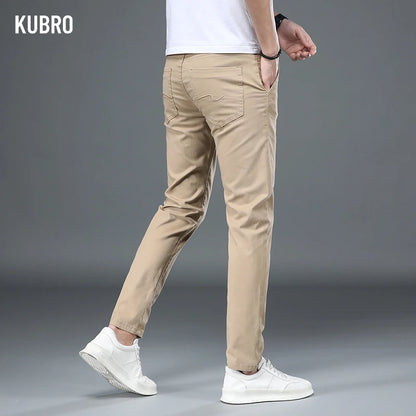 KUBRO Korean Style Cotton Soft Elastic Slim Straight Trousers Summer Thin Office Fashion Versatile Men's Business Casual Pants
