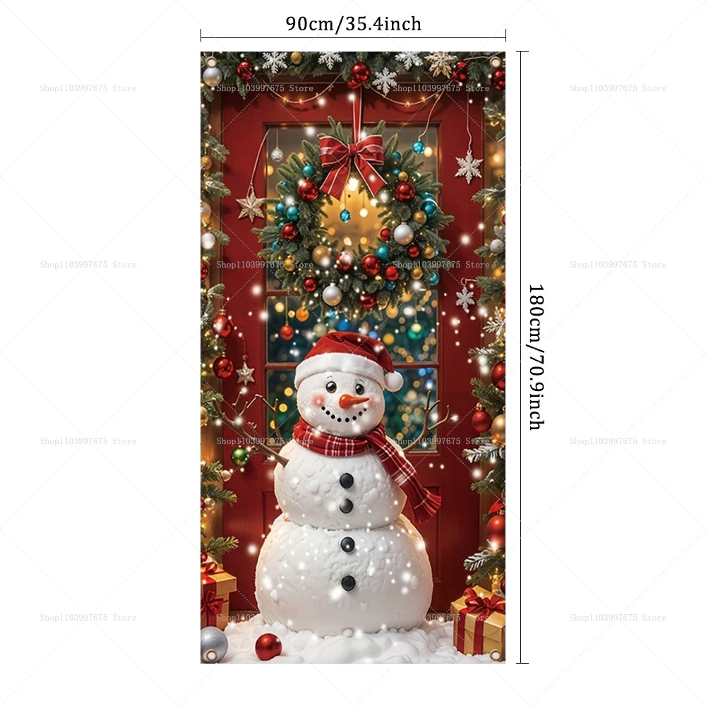 Christmas Decorations Door Cover Banner Cute Snowman Bear Gift Backdrop Xmas Party Indoor Outdoor Background Decor Supplies
