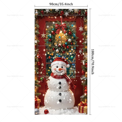 Christmas Decorations Door Cover Banner Cute Snowman Bear Gift Backdrop Xmas Party Indoor Outdoor Background Decor Supplies
