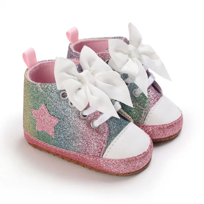 Cute 0-18M Spring Newborn Silver Baby Shoes Non Slip Cloth Bottom Girl Shoes Elegant Breathable Casual Baby First Walking Shoes