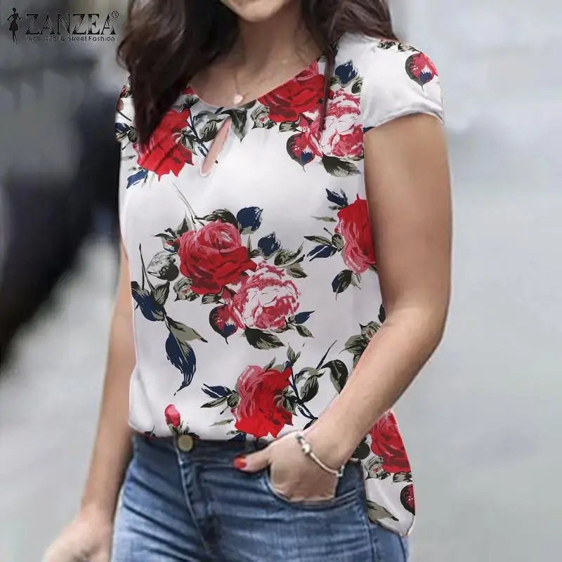 ZANZEA Summer Bohemian Short Sleeve Floral Printed Blouse Women Vintage Holiday Party Shirt Casual Beach Tops Tunic Bulses 2025