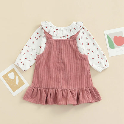 2Pcs Newborn Baby Girl Clothes Set Floral Print Long Sleeve Romper Pocket Corduroy Strap Suspender Skirts Girls Spring Outfits