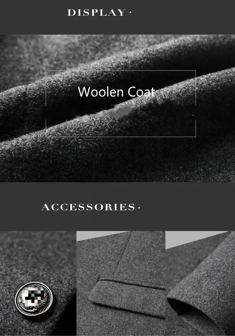 Men's Autumn Winter Long Woolen Coats Men's Business Office Casual Slim Solid Wool Windbreaker Thicken Warm Trench Jacket