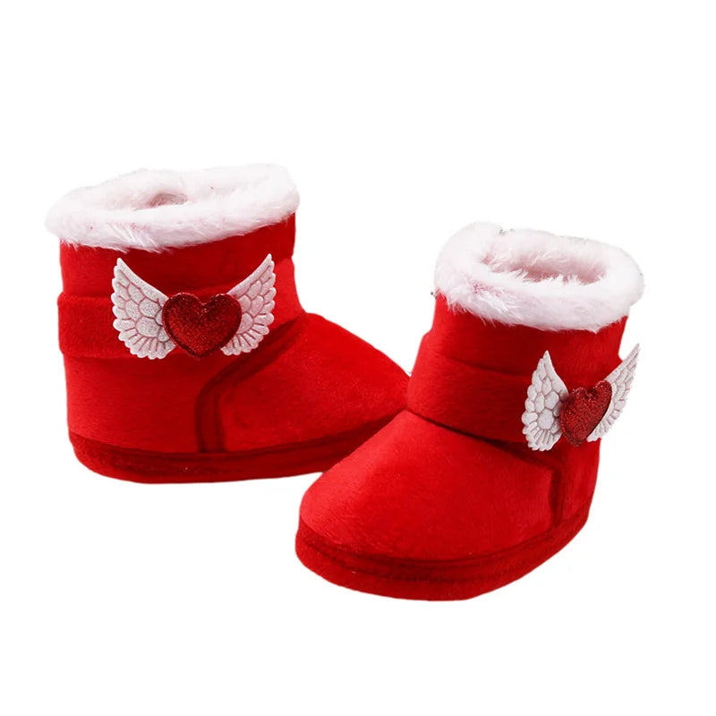 Suefunskry Newborn Baby Winter Snow Boots Contrast Color Ankle Boots Warm Plush Heart Wings Baby Walking Shoes for Toddler 0-18M
