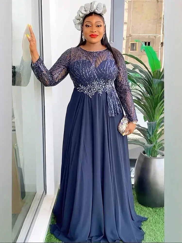 Party Evening Dresses For Women Elegant Long Sleeve Sequin Chiffon Robe Dashiki Africa Clothing Wedding Prom Gown Dubai Kaftans