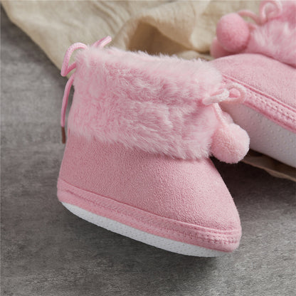 Suefunskry Toddler Baby Girls Boys Boots Winter Warm Soft Sole Fluffy Lace up Boots Cute Plush Pom Decoration Non Slip Shoes